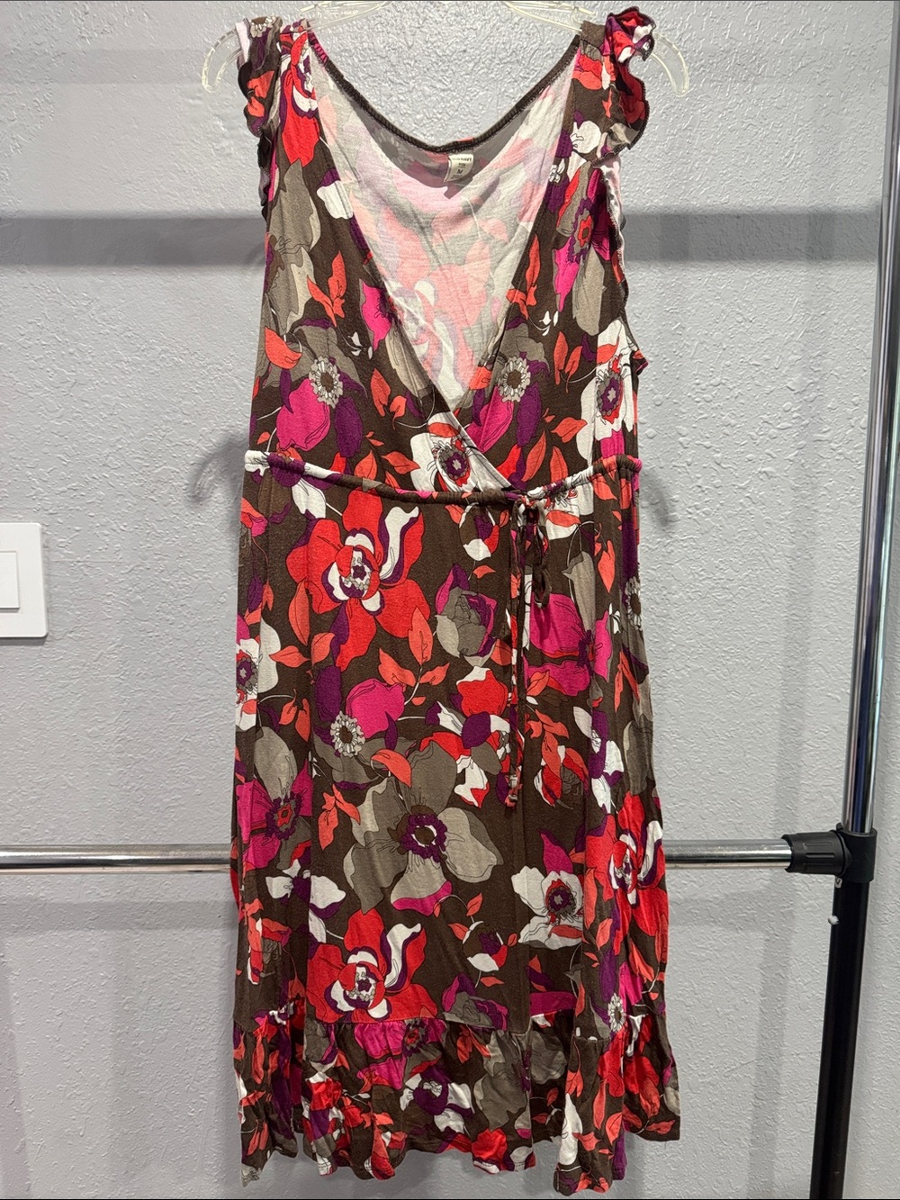 Old Navy Brown Floral Wrap Dress with Pink & Red Accents
